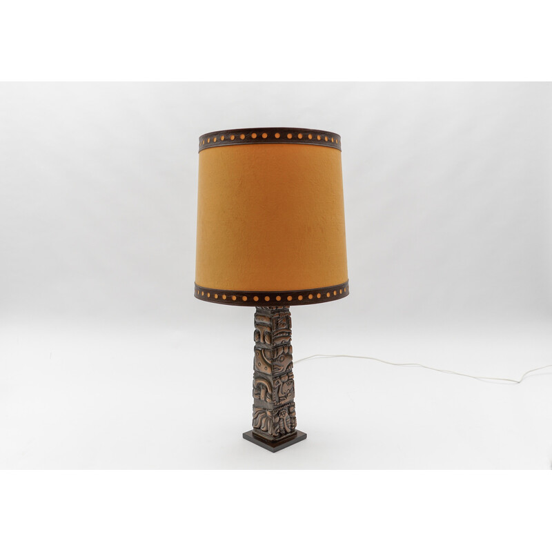 Vintage Totem Maya table lamp in hand-carved wood for Temde, Honduras 1960