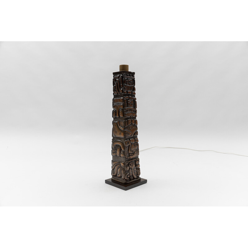 Vintage Totem Maya table lamp in hand-carved wood for Temde, Honduras 1960