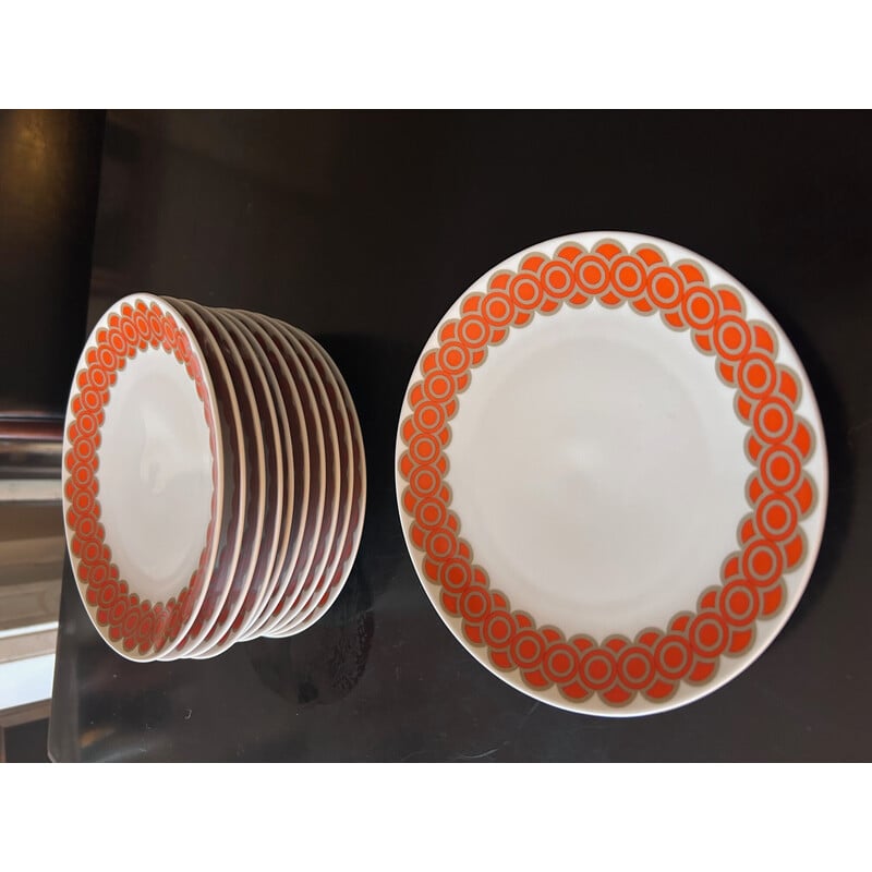 Lot de 11 assiettes vintage en porcelaine à décor orange, Allemagne 1970