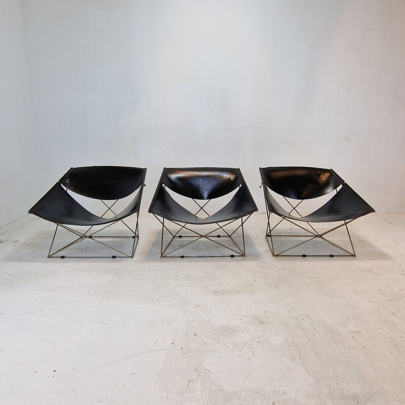 Conjunto de 3 cadeiras vintage Papillon F675 v em aço tubular e couro por Pierre Paulin para Artifort, Holanda 1960