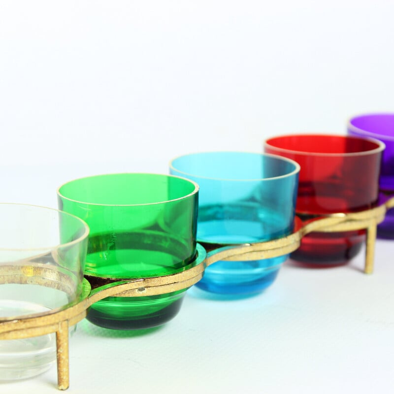 Set di bicchieri da liquore vintage in plastica con colori arcobaleno, Cecoslovacchia 1960