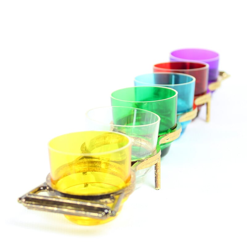 Set of vintage rainbow colored plastic shot glasses, Czechoslovakia 1960