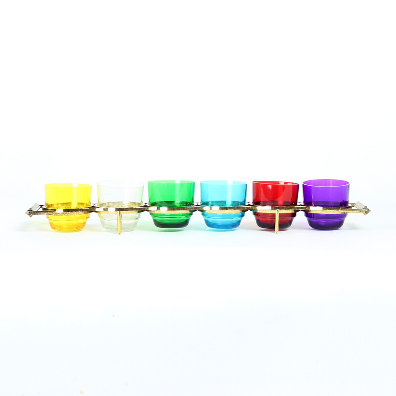 Set of vintage rainbow colored plastic shot glasses, Czechoslovakia 1960