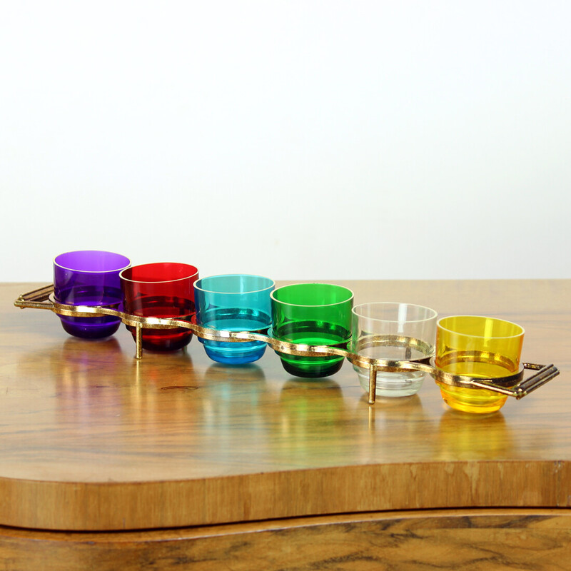 Set of vintage rainbow colored plastic shot glasses, Czechoslovakia 1960