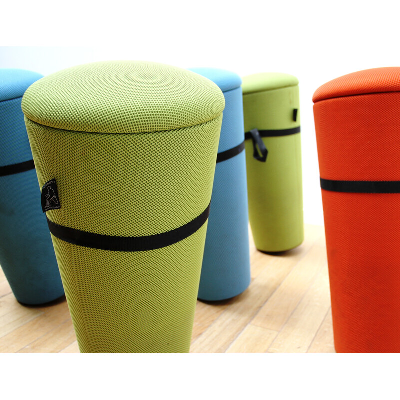 Set of 6 vintage "Stand Up" poufs in colored fabric by Wilkhann