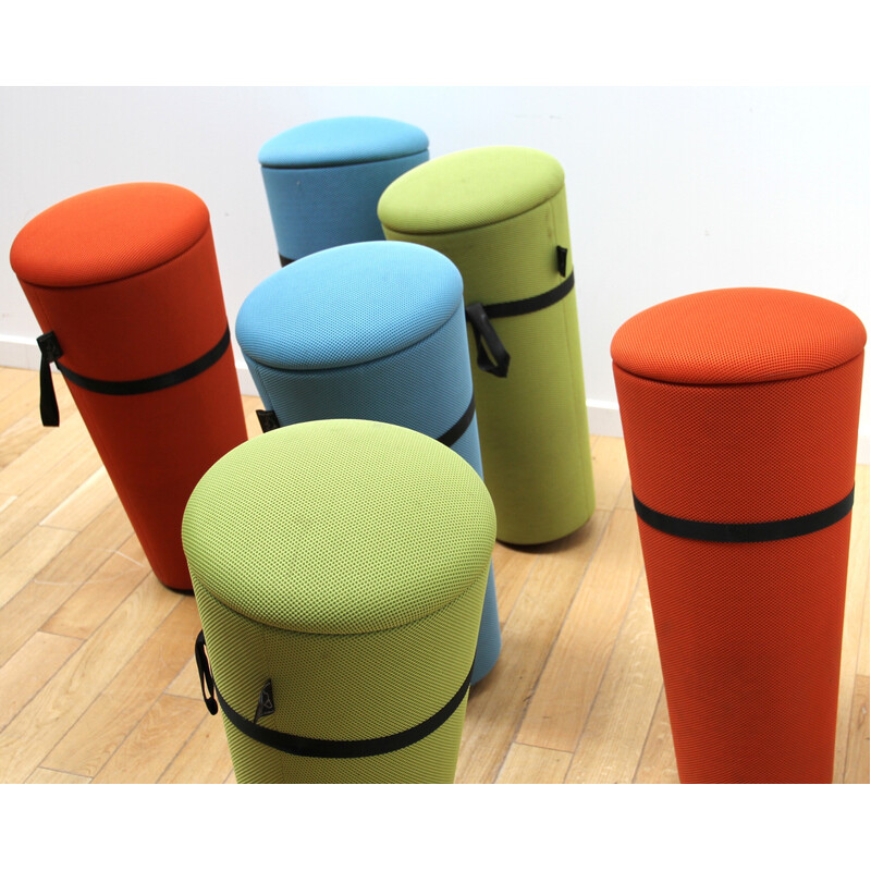 Set of 6 vintage "Stand Up" poufs in colored fabric by Wilkhann