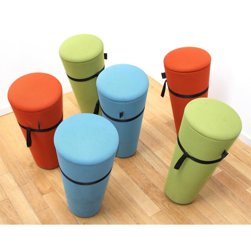 Set of 6 vintage "Stand Up" poufs in colored fabric by Wilkhann