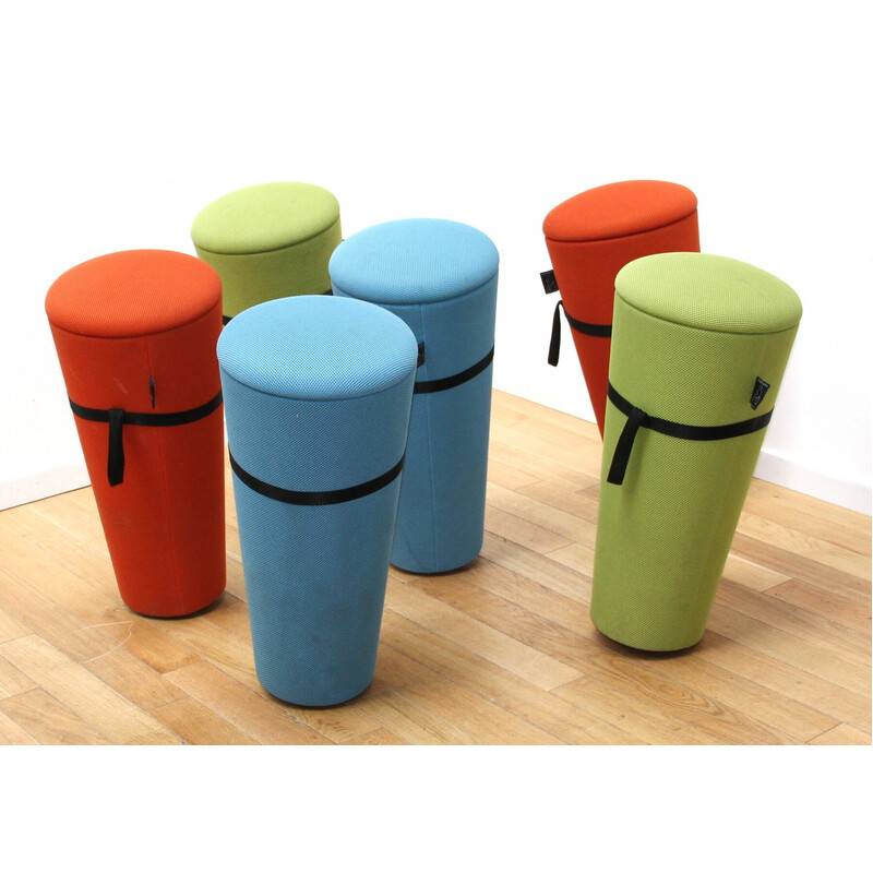 Set of 6 vintage "Stand Up" poufs in colored fabric by Wilkhann