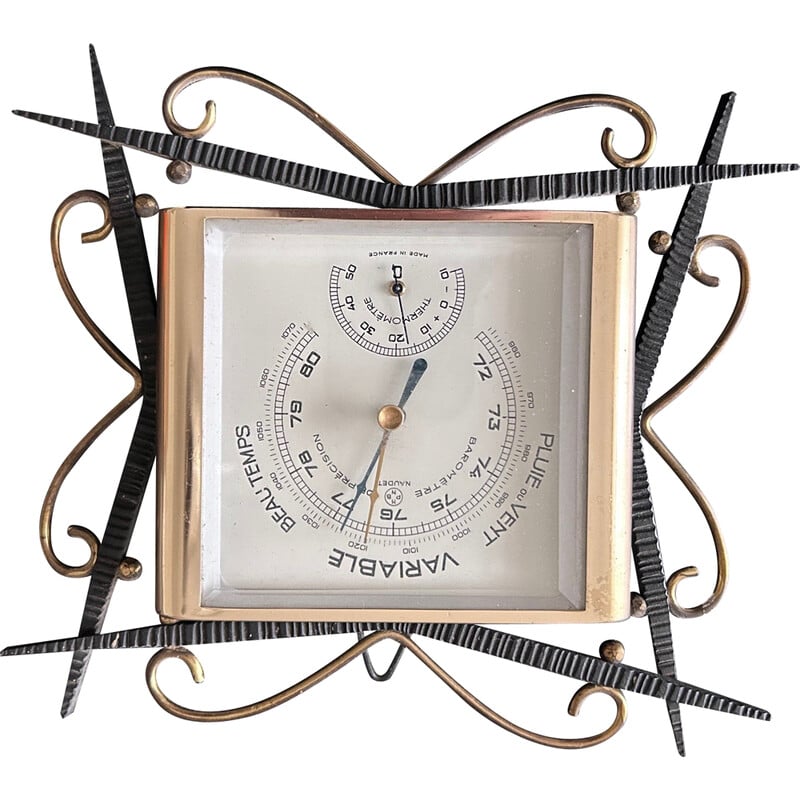 Vintage barometer in wrought iron and brass for Naudet, France 1950
