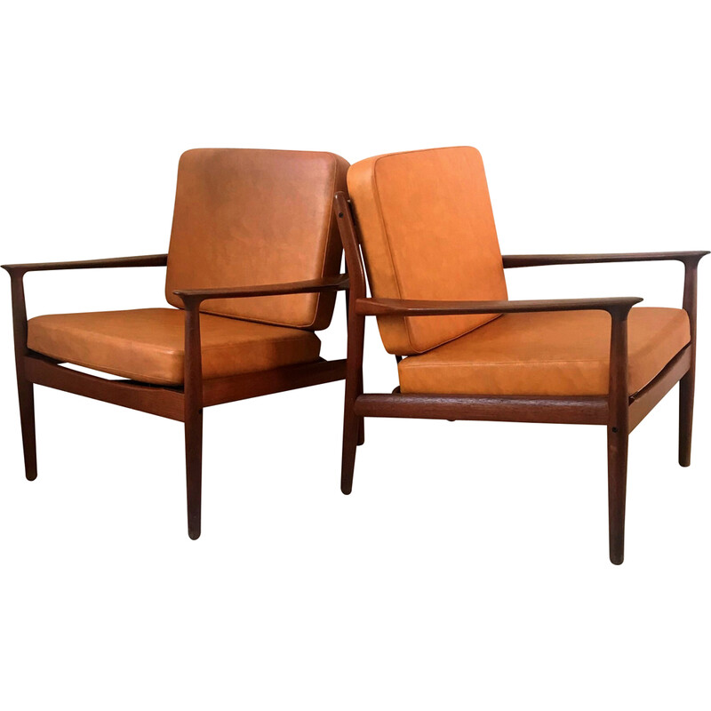 Pair of vintage teak armchairs and leatherette cushions by Svend Aage Eriksen, Denmark 1960