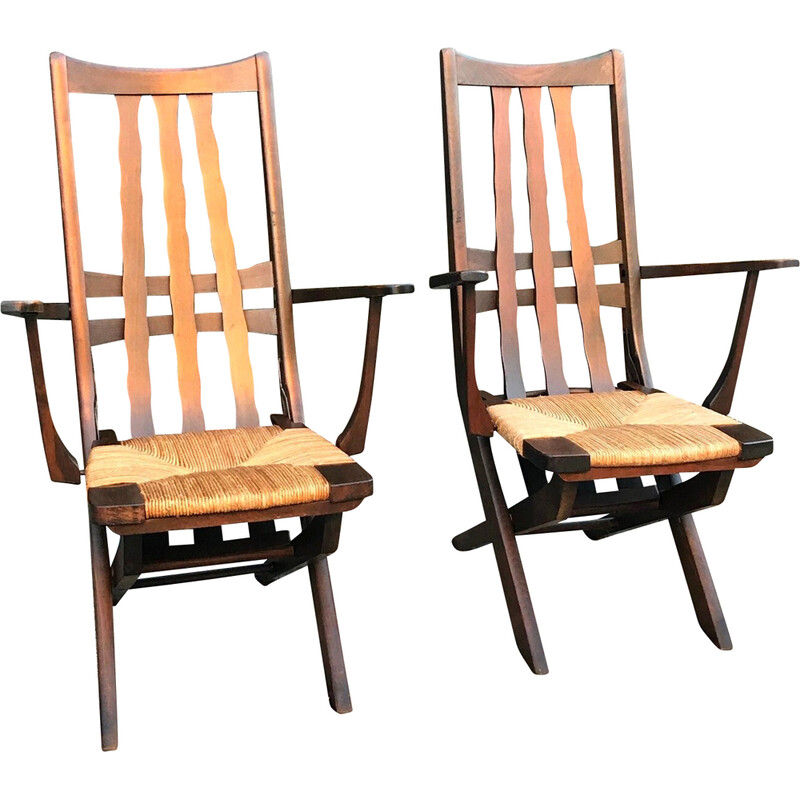 Pair of vintage oak and straw armchairs, 1960