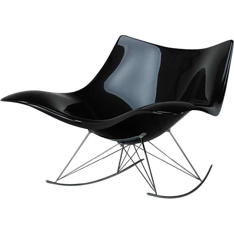 Vintage "Stingray" rocking chair in black molded plastic and chrome steel by Thomas Pedersen for Fredericia