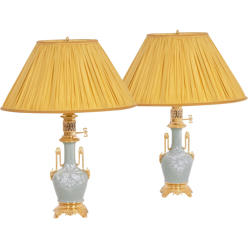 Pair of vintage Céladon lamps in porcelain and bronze, France 1880