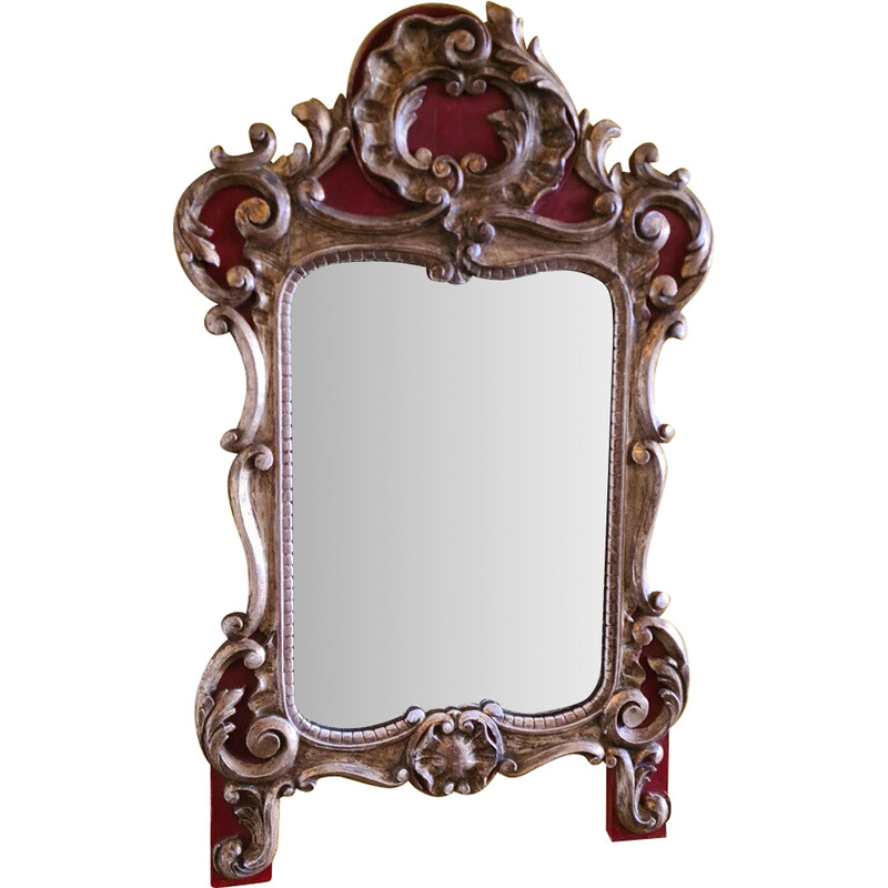 Vintage wooden mirror painted in red and gold, France