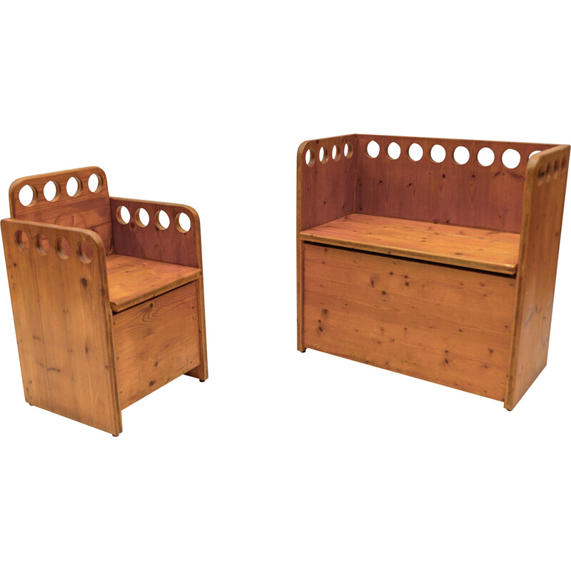 Pair of vintage pine benches for children, 1960
