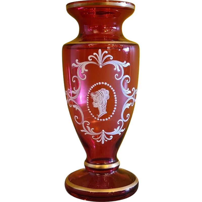 Vintage red vase with white enamel decor