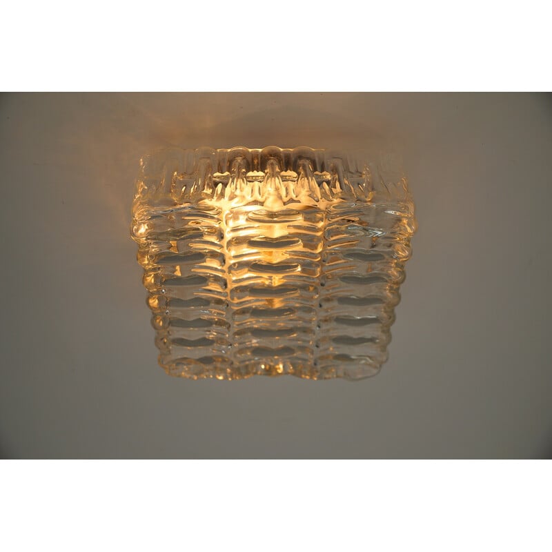 Vintage square ceiling lamp in iced glass and metal, 1960