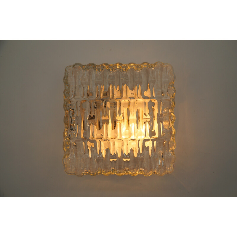 Vintage square ceiling lamp in iced glass and metal, 1960