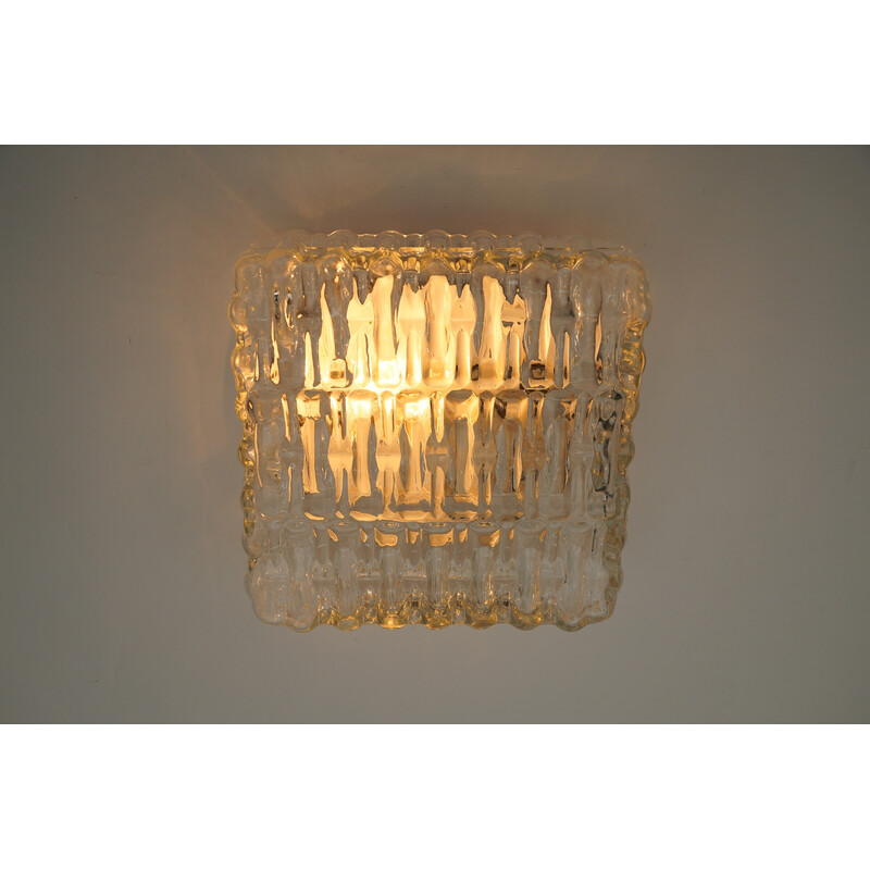 Vintage square ceiling lamp in iced glass and metal, 1960