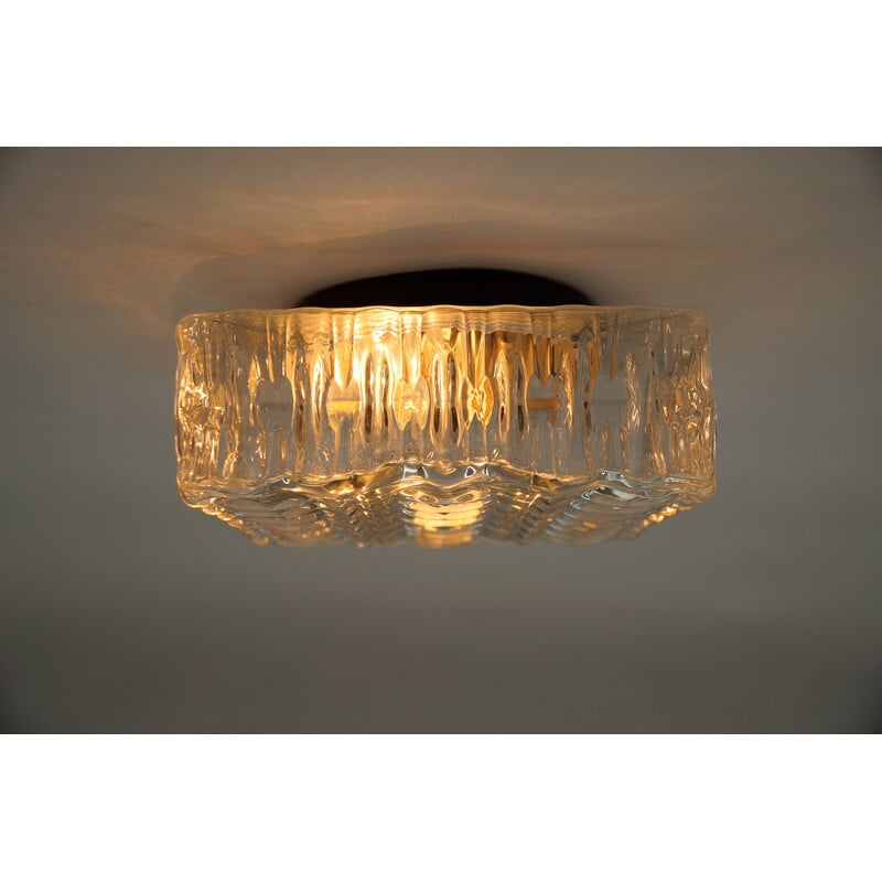 Vintage square ceiling lamp in iced glass and metal, 1960