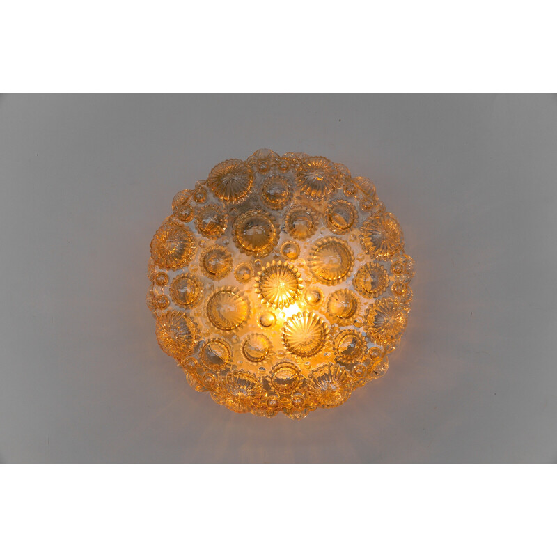 Vintage round recessed ceiling lamp in iced glass and metal in the shape of a 3D fossil shell, 1960