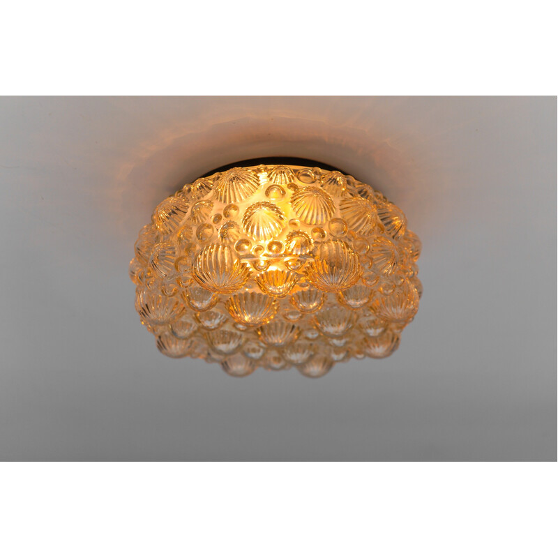 Vintage round recessed ceiling lamp in iced glass and metal in the shape of a 3D fossil shell, 1960