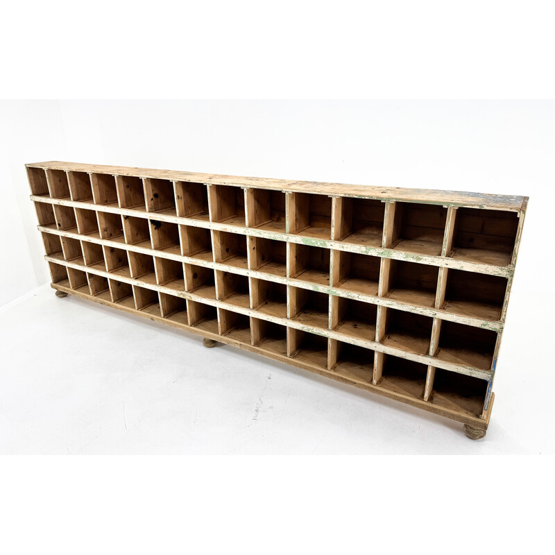 Vintage industrial wooden cabinet with 52 compartments