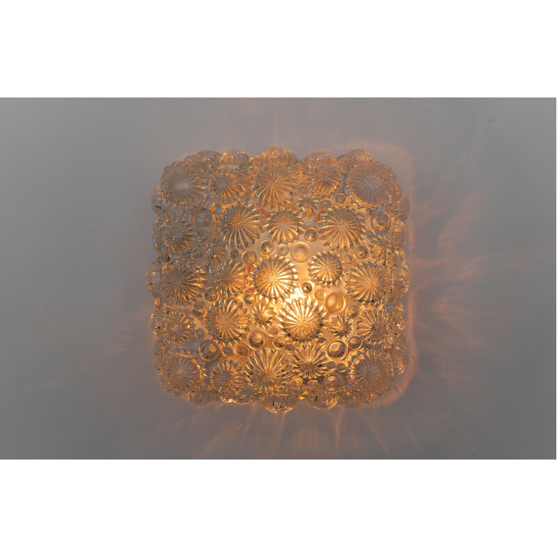 Vintage square 3D fossil shell-shaped frosted glass and metal flush mount ceiling lamp, 1960