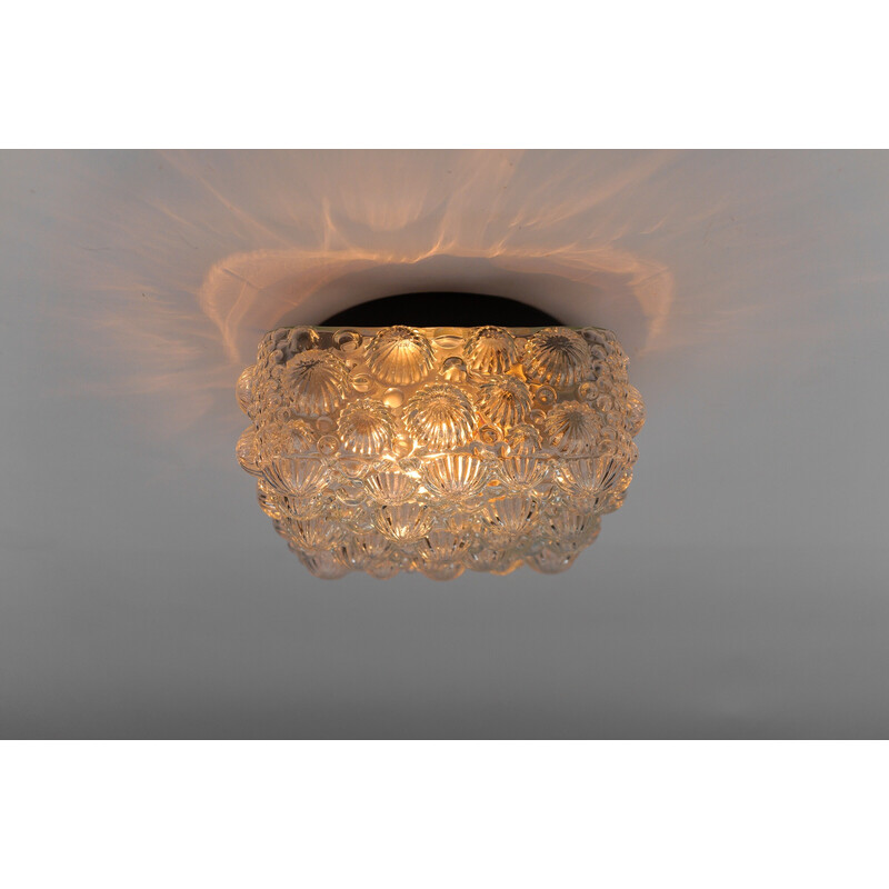 Vintage square 3D fossil shell-shaped frosted glass and metal flush mount ceiling lamp, 1960