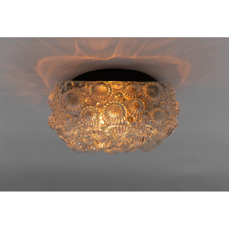 Vintage square 3D fossil shell-shaped frosted glass and metal flush mount ceiling lamp, 1960