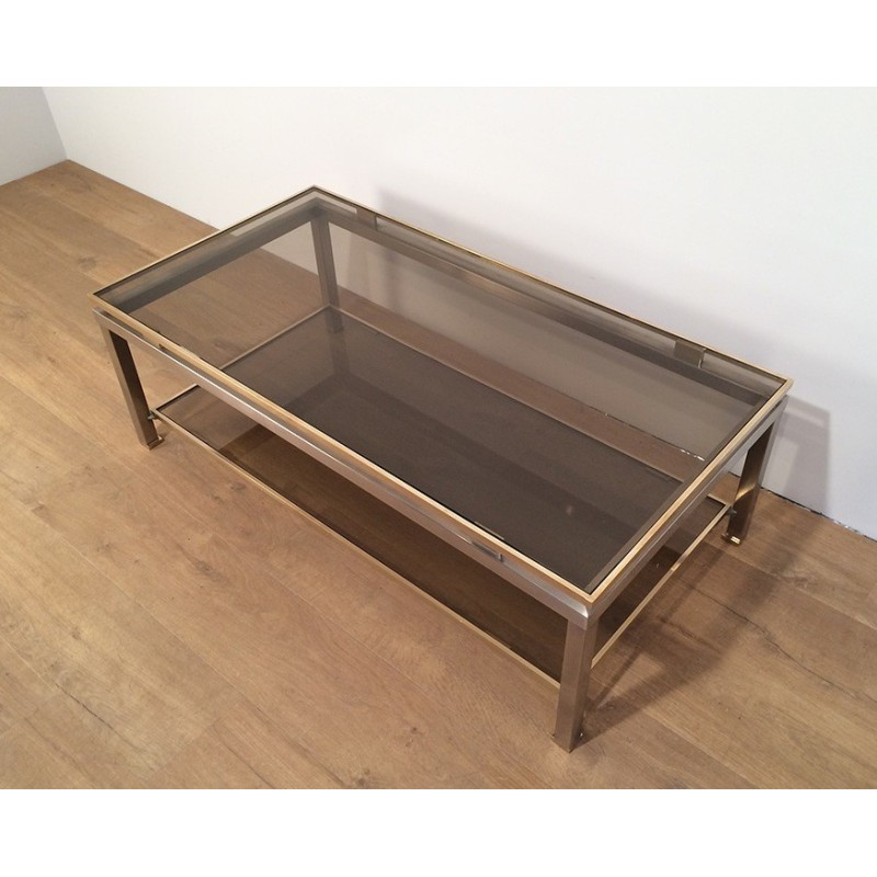 Vintage coffee table with double top in brushed steel and brass by Guy Lefèvre for Maison Jansen 1970