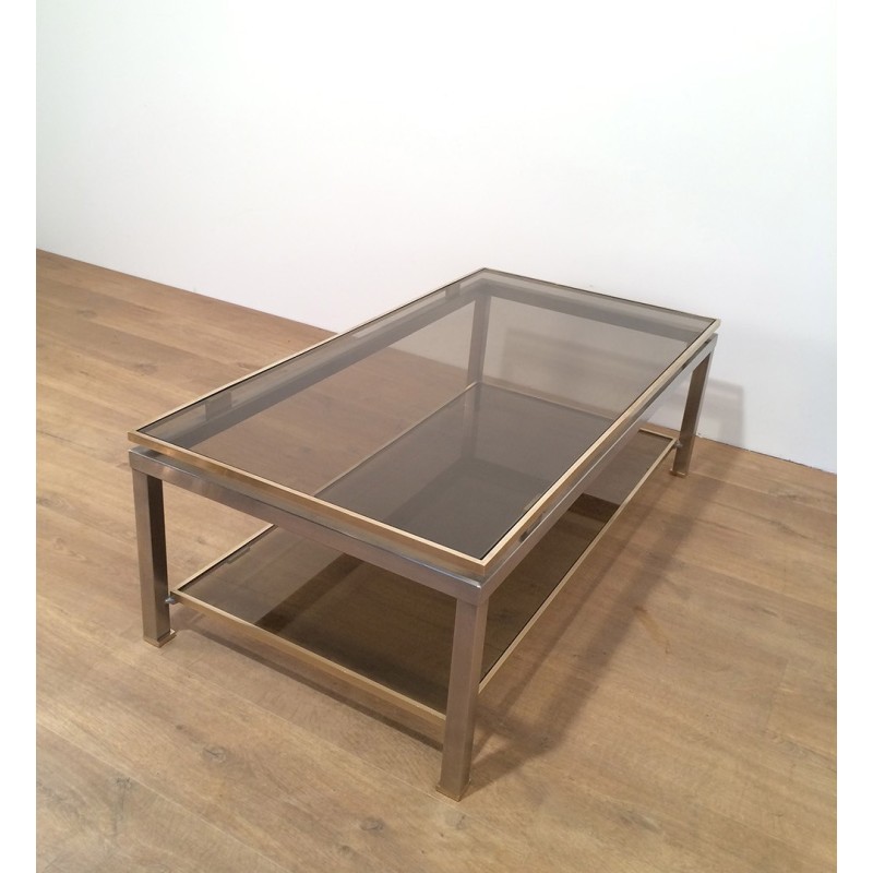 Vintage coffee table with double top in brushed steel and brass by Guy Lefèvre for Maison Jansen 1970