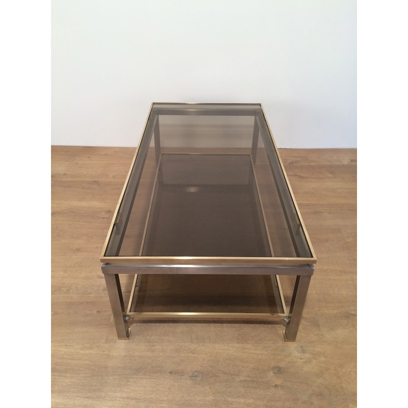 Vintage coffee table with double top in brushed steel and brass by Guy Lefèvre for Maison Jansen 1970