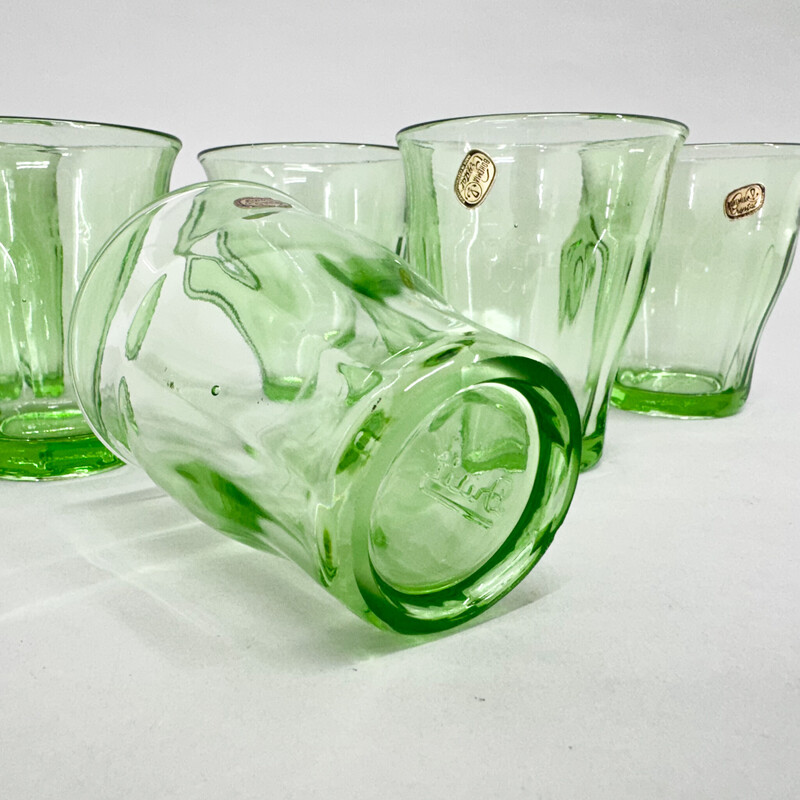 Set of 6 vintage glasses in uranium glass and Bohemian crystal, Czechoslovakia 1970