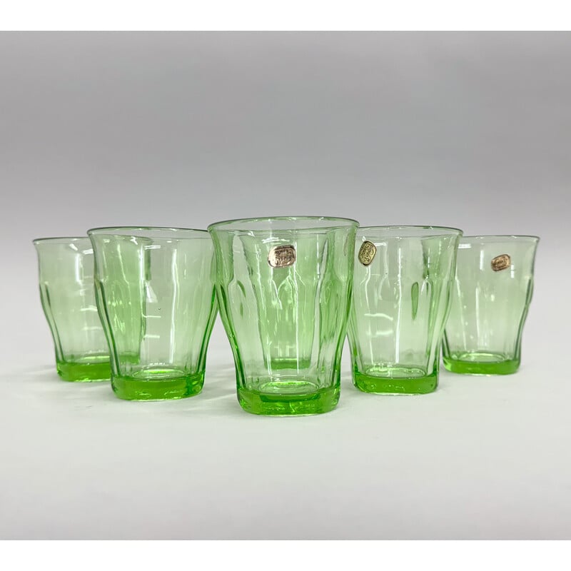 Set of 6 vintage glasses in uranium glass and Bohemian crystal, Czechoslovakia 1970