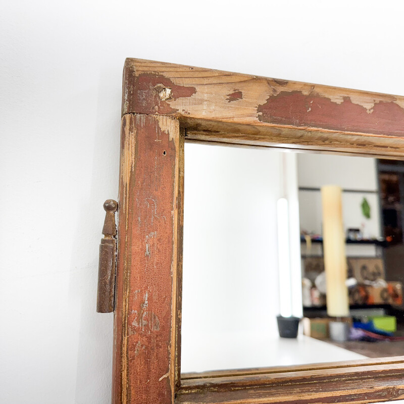 Paire de fenêtres vintage en bois transformée en miroir