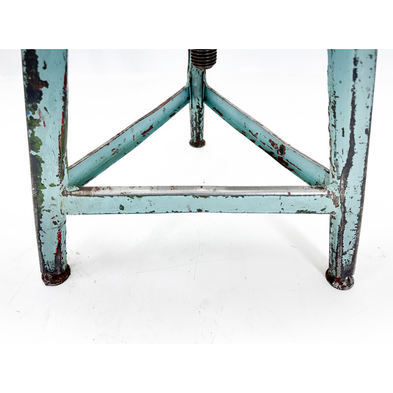 Vintage industrial tripod stool in steel and wood, Czechoslovakia 1950