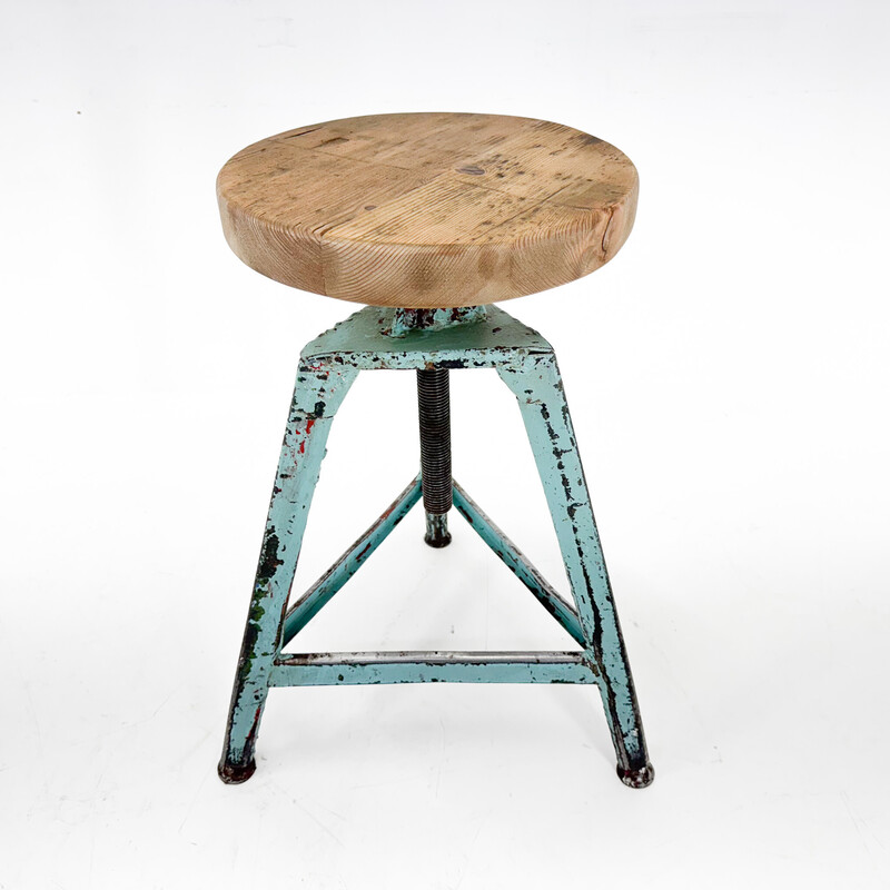 Vintage industrial tripod stool in steel and wood, Czechoslovakia 1950