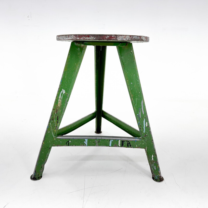 Tabouret industriel vintage en acier et bois, Tchécoslovaquie 1950