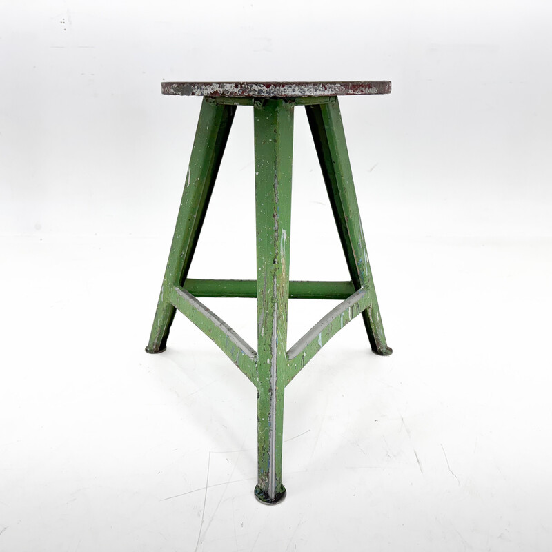 Vintage industrial stool in steel and wood, Czechoslovakia 1950