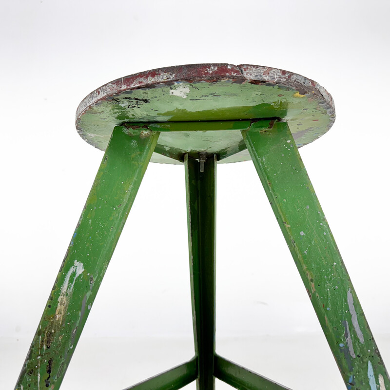 Vintage industrial stool in steel and wood, Czechoslovakia 1950