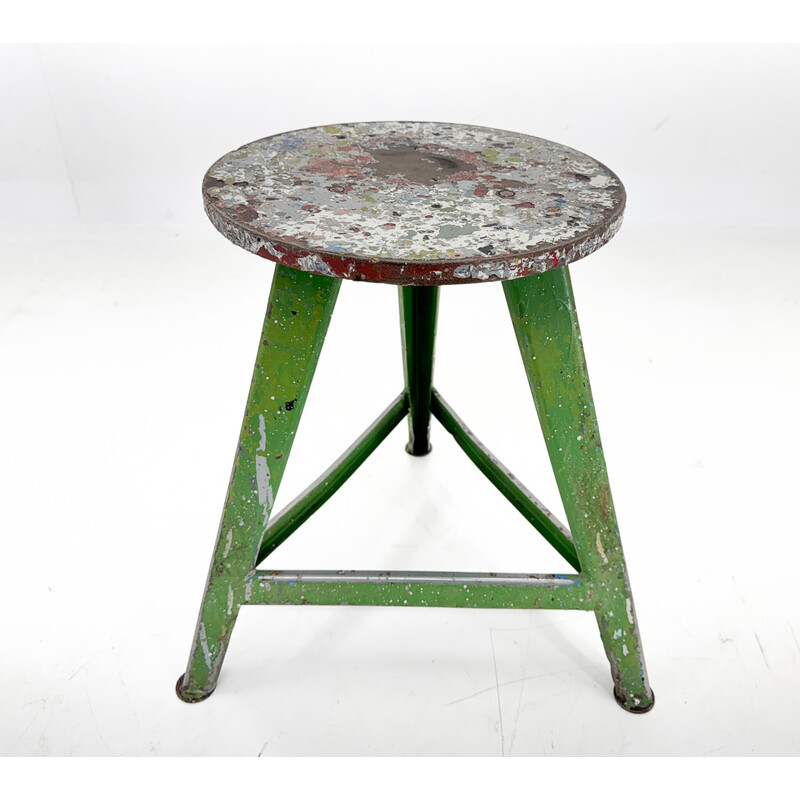 Vintage industrial stool in steel and wood, Czechoslovakia 1950