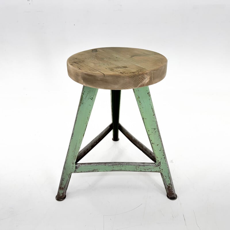 Vintage industrial stool in steel and wood, Czechoslovakia 1950