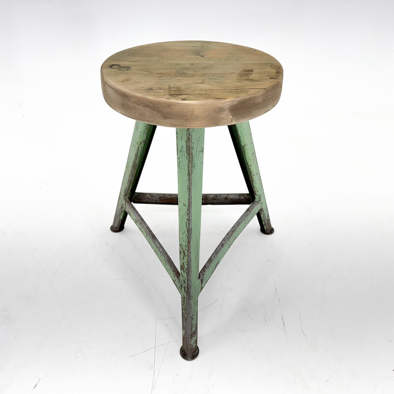 Vintage industrial stool in steel and wood, Czechoslovakia 1950