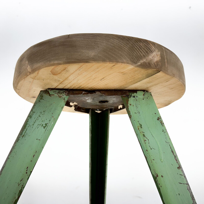 Vintage industrial stool in steel and wood, Czechoslovakia 1950