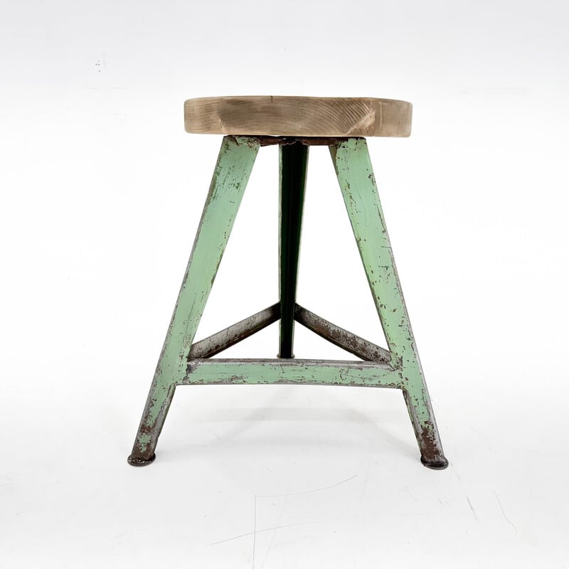 Vintage industrial stool in steel and wood, Czechoslovakia 1950