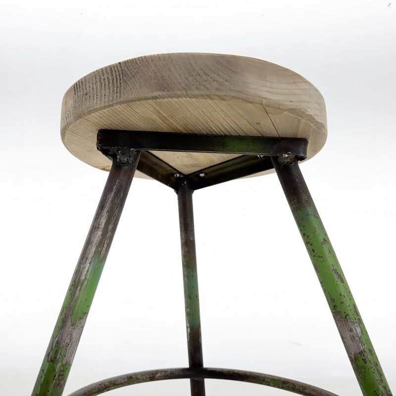 Vintage industrial stool in steel and wood, Czechoslovakia 1950