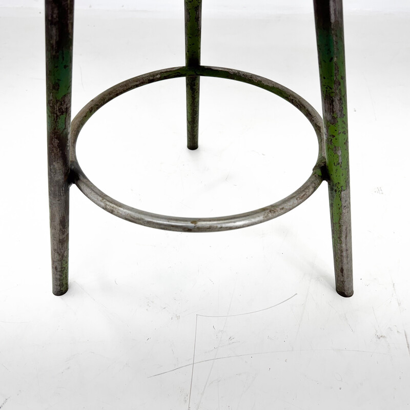 Tabouret industriel vintage en acier et bois, Tchécoslovaquie 1950