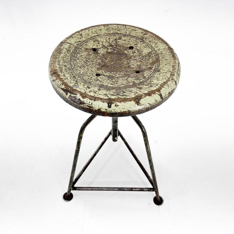 Vintage industrial tripod stool in steel and wood, Czechoslovakia 1950