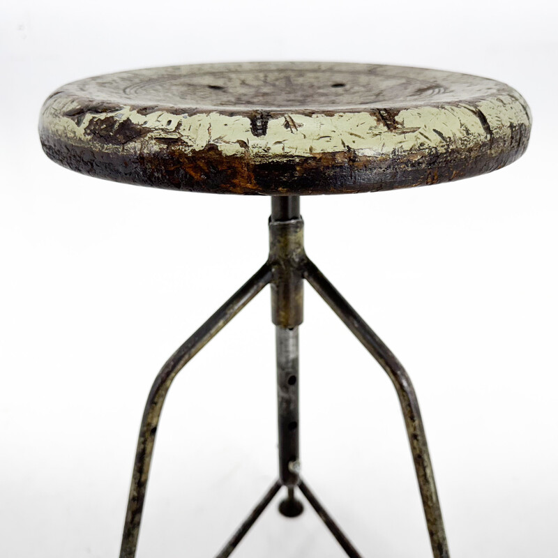 Vintage industrial tripod stool in steel and wood, Czechoslovakia 1950